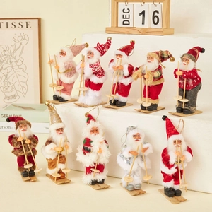 Set of 10 festive plush Santa Claus figurines on wooden skis for Christmas home decor