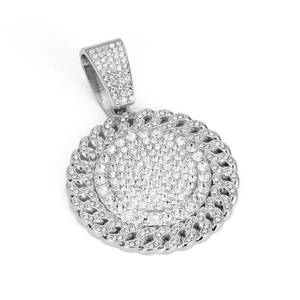 Detailed macro view of silver alloy round pendant with sparkling pave rhinestones