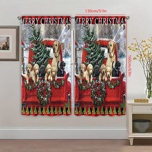 Detail of Christmas curtains featuring Golden Retriever in red truck with Merry Christmas text