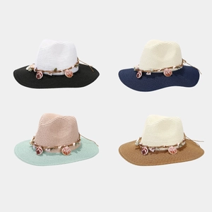 Women Straw Sun Hat Color Contrast Shell Decoration Beach Vacation Wide Brim Panama Style Breathable