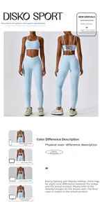 Détail d'un ensemble de yoga côtelé bleu clair avec brassière dos croisé et legging taille haute