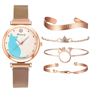Close-up of rose gold quartz watch with blue cat dial and matching bracelets set