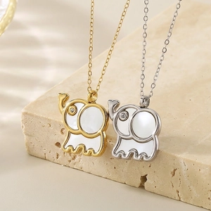 Elephant Pendant Necklace Stainless Steel With Mother Of Artificial Pearl Inlay Rhinestone Elegant Jewelry For Women