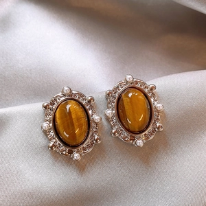 Vintage Baroque Oval Tiger Eye Stone Earrings With Artificial Pearl Details Elegant Alloy Jewelry For Women With Silver Earring Post
