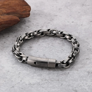 Vintage oxidized silver chain link bracelet in stainless steel with industrial clasp