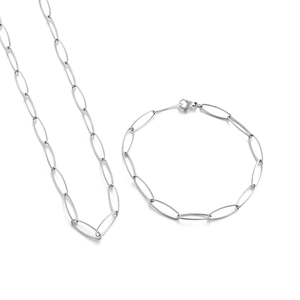Silver stainless steel oval paperclip chain necklace and bracelet set for women