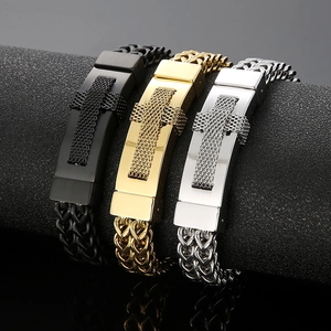Three hip hop stainless steel bracelets in black, gold, and silver with cross plaque