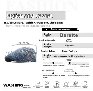 Détail du béret en denim avec imprimés floraux, paramètres de taille et tissu 100 % coton