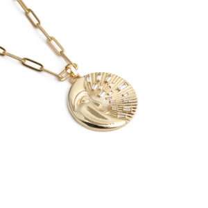 Golden 3D hollow moon pendant necklace with zircon evil eye and paperclip chain