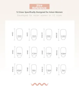 Sizing chart showing 12 different sizes of butterfly crystal press-on nails for women