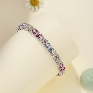 Exquisite S925 silver bracelet with colorful trapezoid and marquise-cut floral zircons