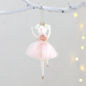 Christmas mouse ballerina ornament with pink tulle dress and gold crown on white branch