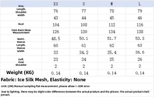 Detailed size chart for women asymmetric top showing dimensions in centimeters from XS to L