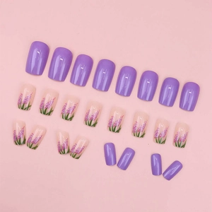 Purple press-on nails set with 24 pieces featuring lavender patterns and glossy finish