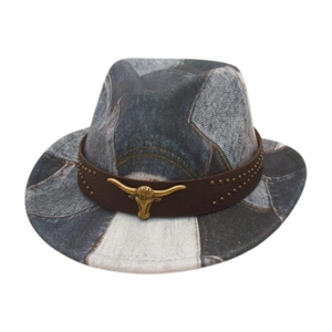 Cappello fedora per bambini stile etnico con patchwork denim e emblema testa di toro