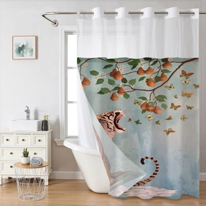 Macro detail of waterproof shower curtain with printed tiger, pears, and metal grommets