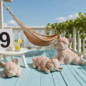 Lot de 3 statues de bouledogue français en résine avec finition pierre réaliste