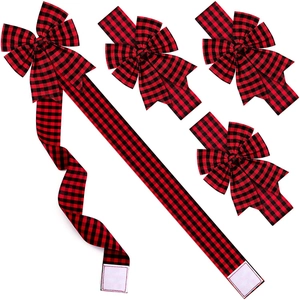 Detail of red and black buffalo plaid Christmas ribbon bows with Velcro for cabinet decor