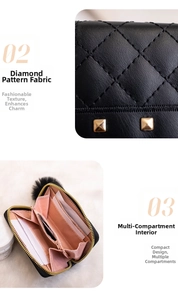 Detail of black quilted wallet featuring gold studs, fur ball charm, and multi-card slots