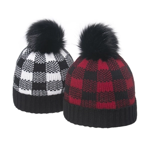 Kinder Winter Warme Strickmütze Acryl Buffalo Plaid Schachbrett Mit Bommel Rippstrickbündchen Für Jungen Mädchen