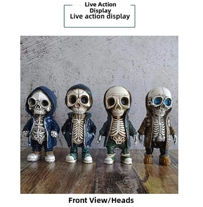 Front view of four skeleton figurines wearing colorful hoodies for Halloween decor