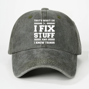 Detail of vintage washed cotton baseball cap featuring I FIX STUFF printed lettering