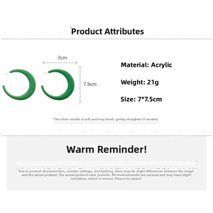 Detailed dimensions of large green acrylic crescent hoop earrings with size specifications
