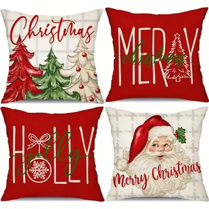 Set of 4 Christmas pillow covers with festive tree, Santa, and snowflake patterns