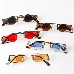 Steampunk round sunglasses with metal frames in five vibrant lens colors on white background