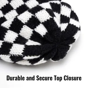 Thick checkered knit beanie for women featuring a black and white jacquard pattern