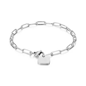 Polished silver stainless steel link chain bracelet with a square charm and lobster clasp
