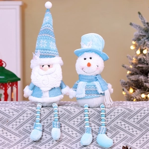 Bambola Peluche Natale Decorazione Tavolo Blu Bianco Gambe Lunghe Perline Babbo Natale Pupazzo Neve Tessuto Maglia Casa