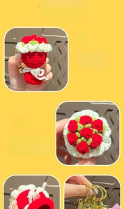 Detail of handcrafted crochet strawberry keychain with green leaf and golden bell charm
