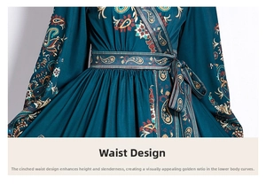 Close-up of waist tie detail on a long sleeve dress with vintage paisley print pattern