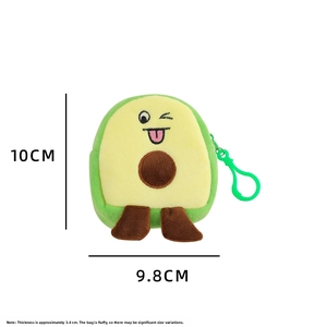 Detailed view of the 10cm cute 3D avocado plush coin purse with dimensions and side hook
