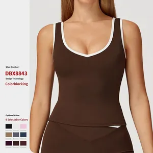 Women Slim Fit Contrast Piping Sports Vest Backless Yoga Tank Top High Elasticity Splicing Fitness Top Sleeveless Activewear Pullover Top