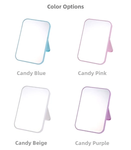 Collage of portable square desktop makeup mirrors in blue, pink, beige, and purple tones