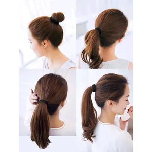 Black high-elastic seamless hair ties shown in multiple ponytail and bun hairstyles