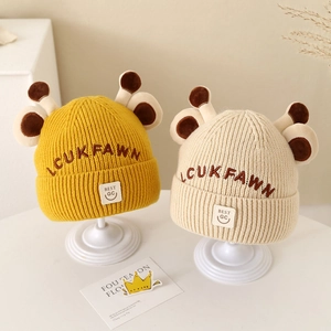 Kids Winter Knitted Beanie Hat Soft Acrylic Thick Warm Cartoon Antler Ear Decor Cute Outdoor Toddler Baby Headwear