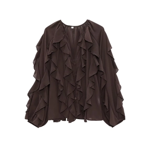 Detail of layered ruffles and V-neckline on dark brown chiffon long sleeve blouse