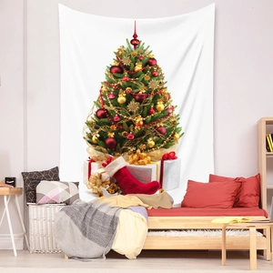 Detailed close-up of a festive Christmas tapestry with a decorated tree and gift boxes