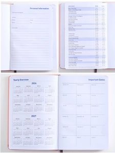 Detail view showing 2026-2027 planner pages including yearly overview and personal info
