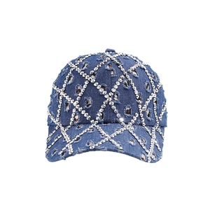 Distressed denim baseball cap with silver diamond pattern rhinestones for outdoor sun protection
