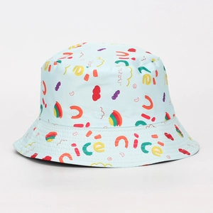 Detail of light blue bucket hat with rainbow, heart patterns and nice typography print