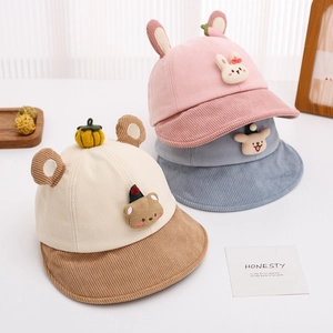 Children's corduroy bucket hats with cute 3D animal ears and pumpkin sprout decor