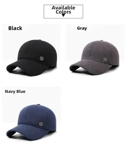 Detail view of winter hats for men with side metal badge in black, gray and navy blue colors