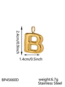 Detailed view of golden B-letter bubble pendant with dimensions and stainless steel material