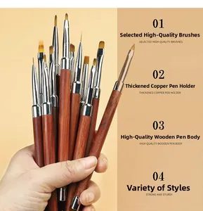 Detail of wooden nail brushes with copper ferrules for manicure and 3D painting