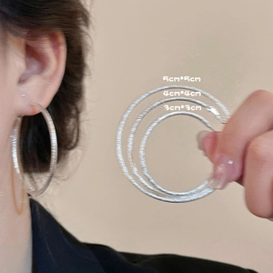 Silver-plated hoop earrings with brushed metal texture in 3cm, 4cm, and 5cm sizes