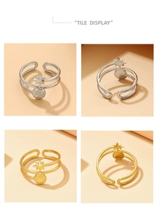 Detailed four-view tile display of double-layer adjustable star rings in gold and silver